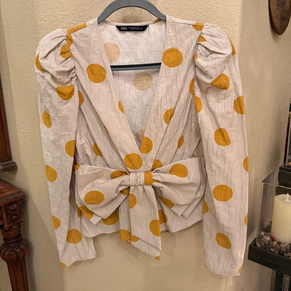 Zara Women's Cream Mustard Yellow Polka Dots Bow Puff Long Sleeve Top Size XS